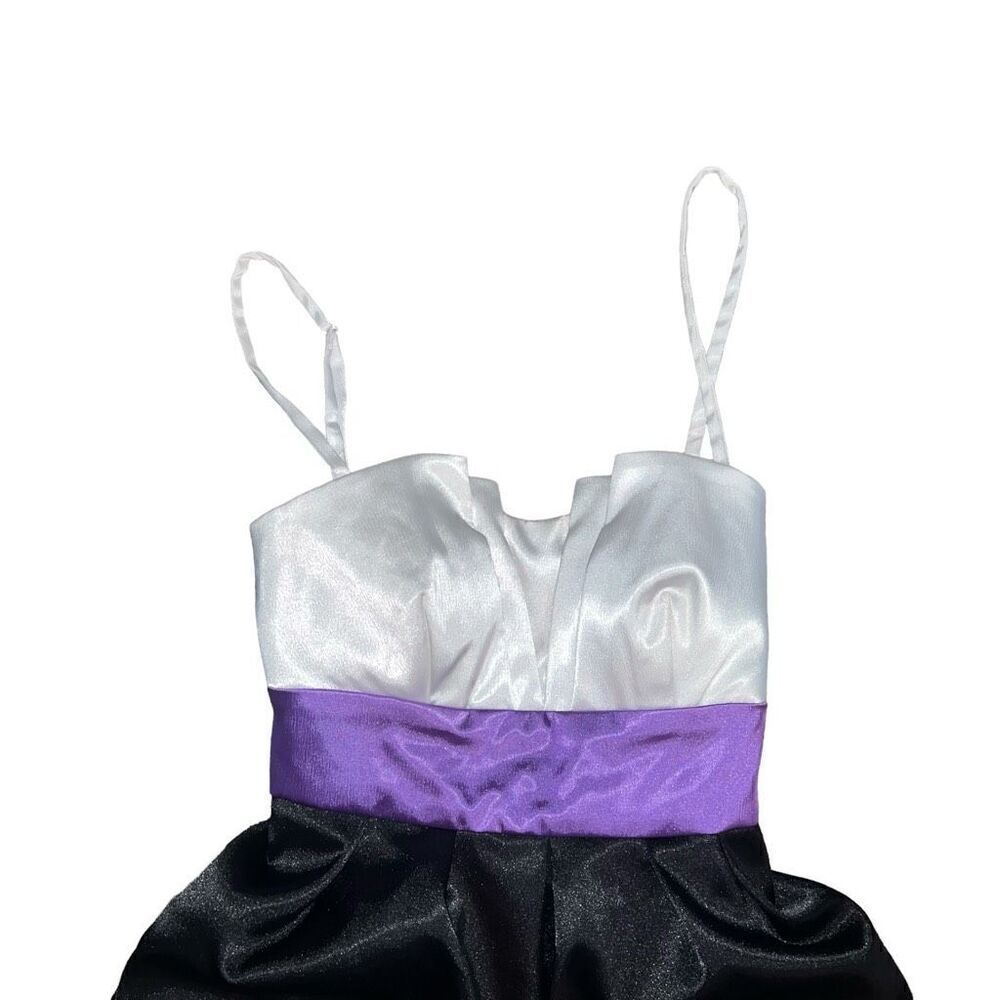 IZ BYER DRESS Color Block Junior Ruffle White Purple Black Tie Back Dress Size 5 - Picture 3 of 8